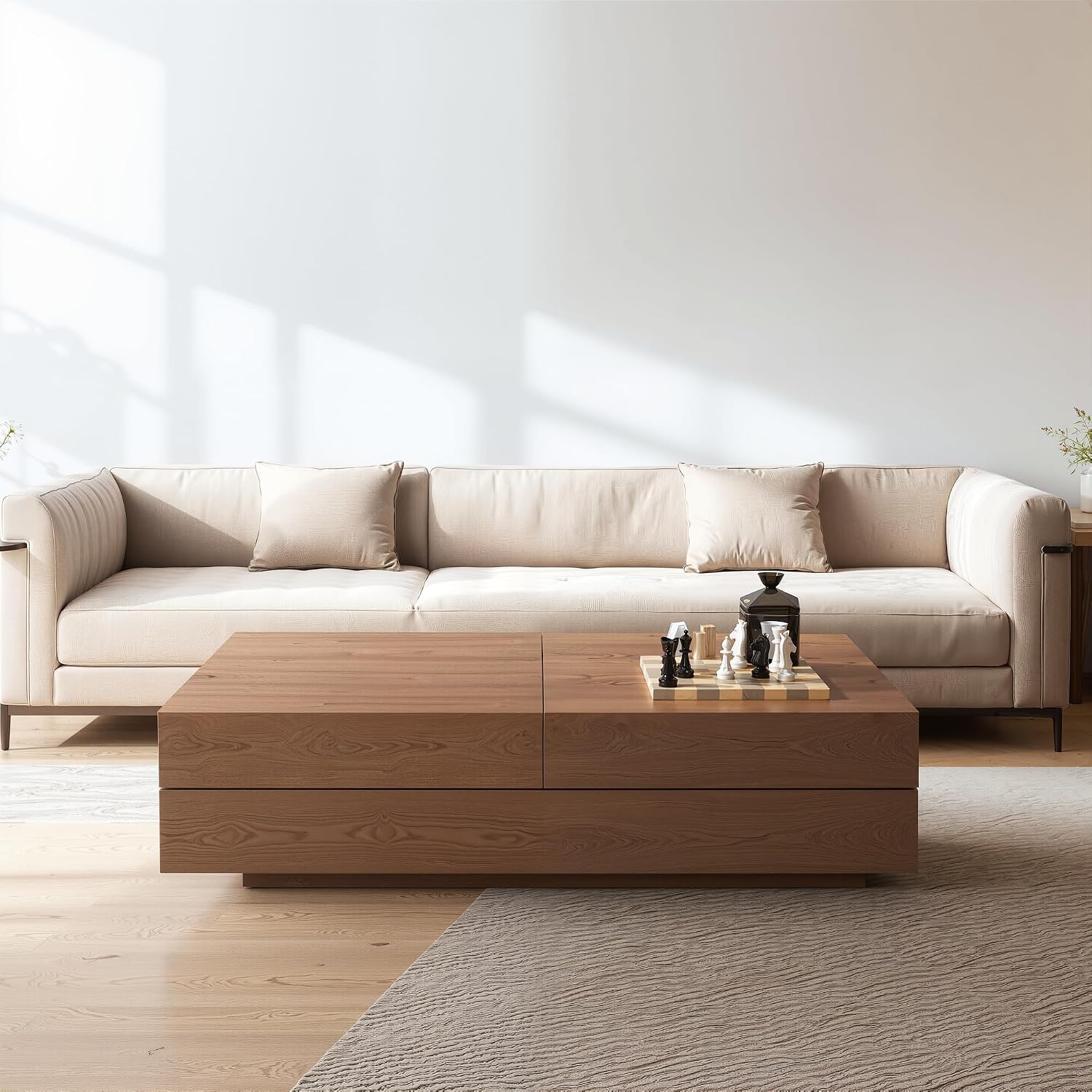 Mid-Century Modern Farmhouse 47.2-81.8' Expandable Coffee Table，Adjustable Center Table with Large Storage for Living Room, Walnut