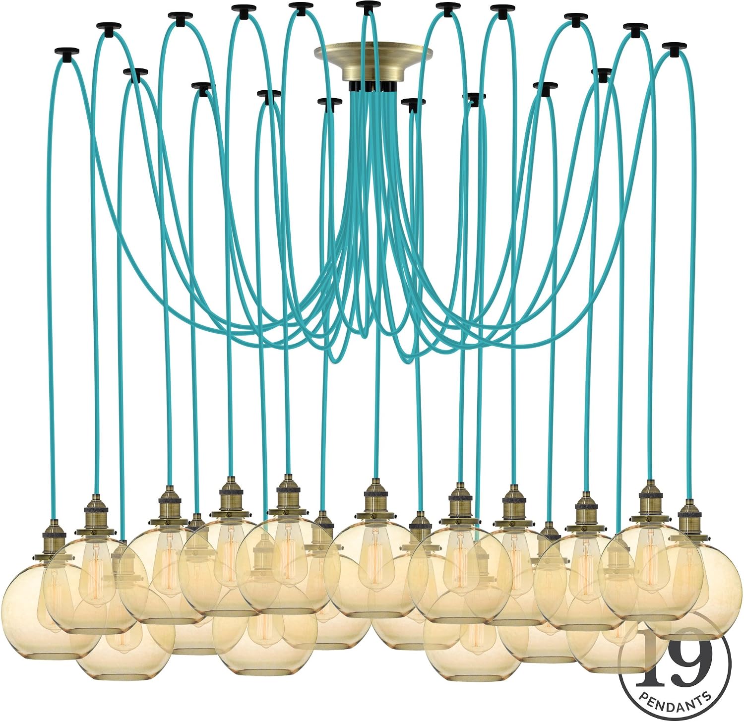 Turquoise 19 Pendant Light Chandelier with Amber Glass Globe Shades