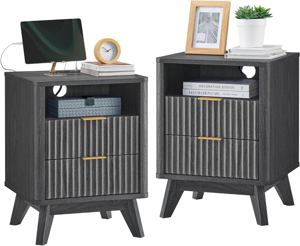 T4TREAM Fluted Nightstand Set of 2 with Charging Station, 18' Modern Side Table, 2 Drawers End Table with Storage, Bedside for Bedroom, Living Room, Curved Profile Design, Dark Alder