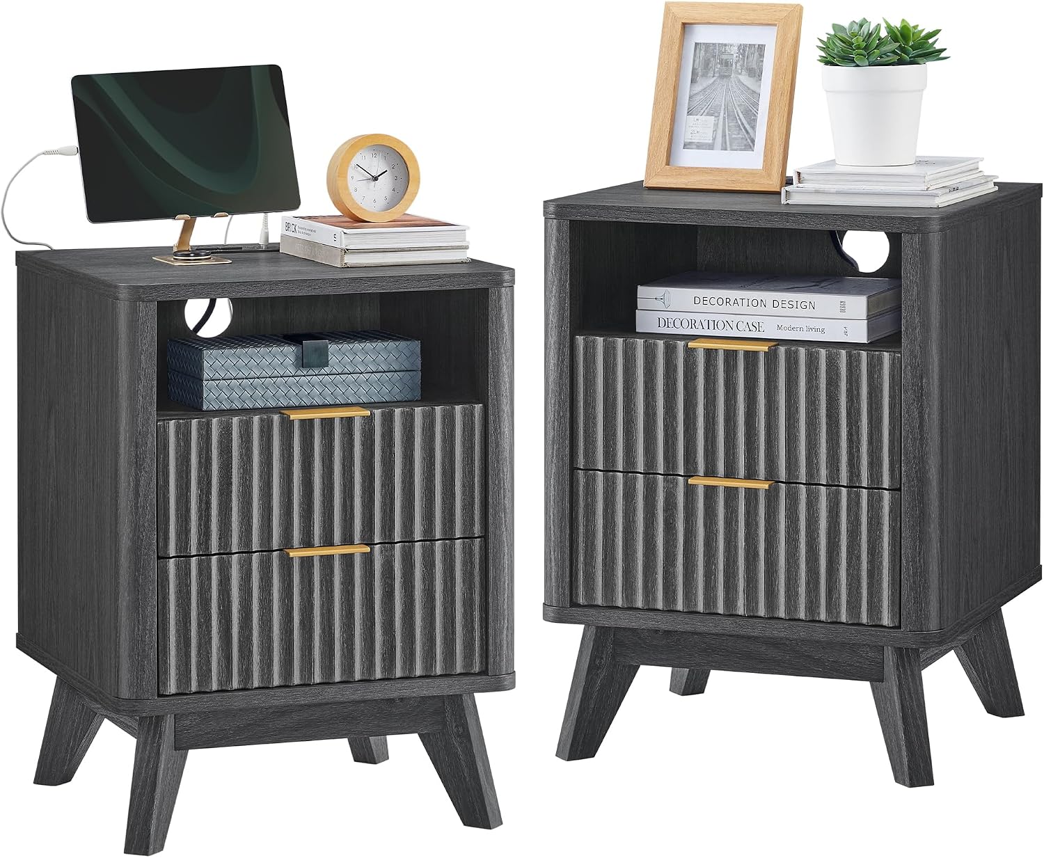 T4TREAM Fluted Nightstand Set of 2 with Charging Station, 18' Modern Side Table, 2 Drawers End Table with Storage, Bedside for Bedroom, Living Room, Curved Profile Design, Dark Alder