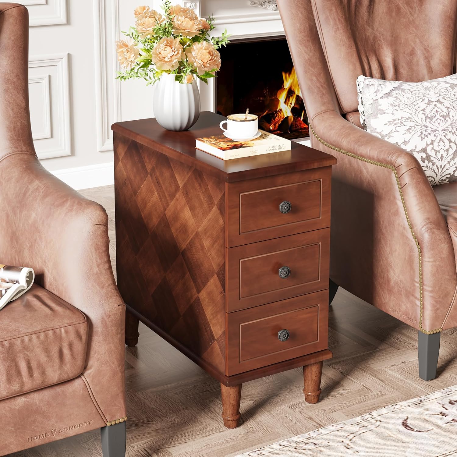 LITTLE TREE Fully Assembled End Table, Set of 2 Narrow Side Table with 3 Drawers, Pre-Assembled Nightstand Slim Bedside Table for Small Spaces, Living Room, Bedroom, Brown