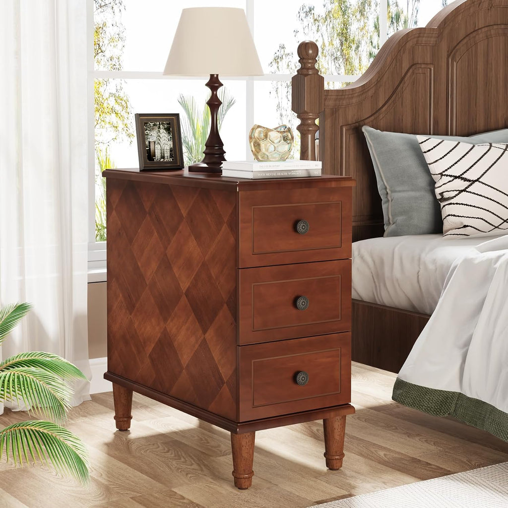 LITTLE TREE Fully Assembled End Table, Narrow Side Table with 3 Drawers, Pre-Assembled Nightstand Slim Bedside Table for Small Spaces, Living Room, Bedroom, Brown
