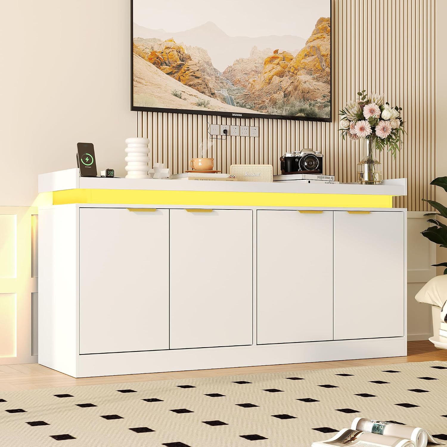 knoworld LED Sideboard Buffet Cabinet with Storage, 63'' Large Kitchen Cabinet Storage Cabinets with 4 Doors, Wood Coffee Bar Cabinets Buffet Table for Kitchen, Dining Room, Living Room (White)
