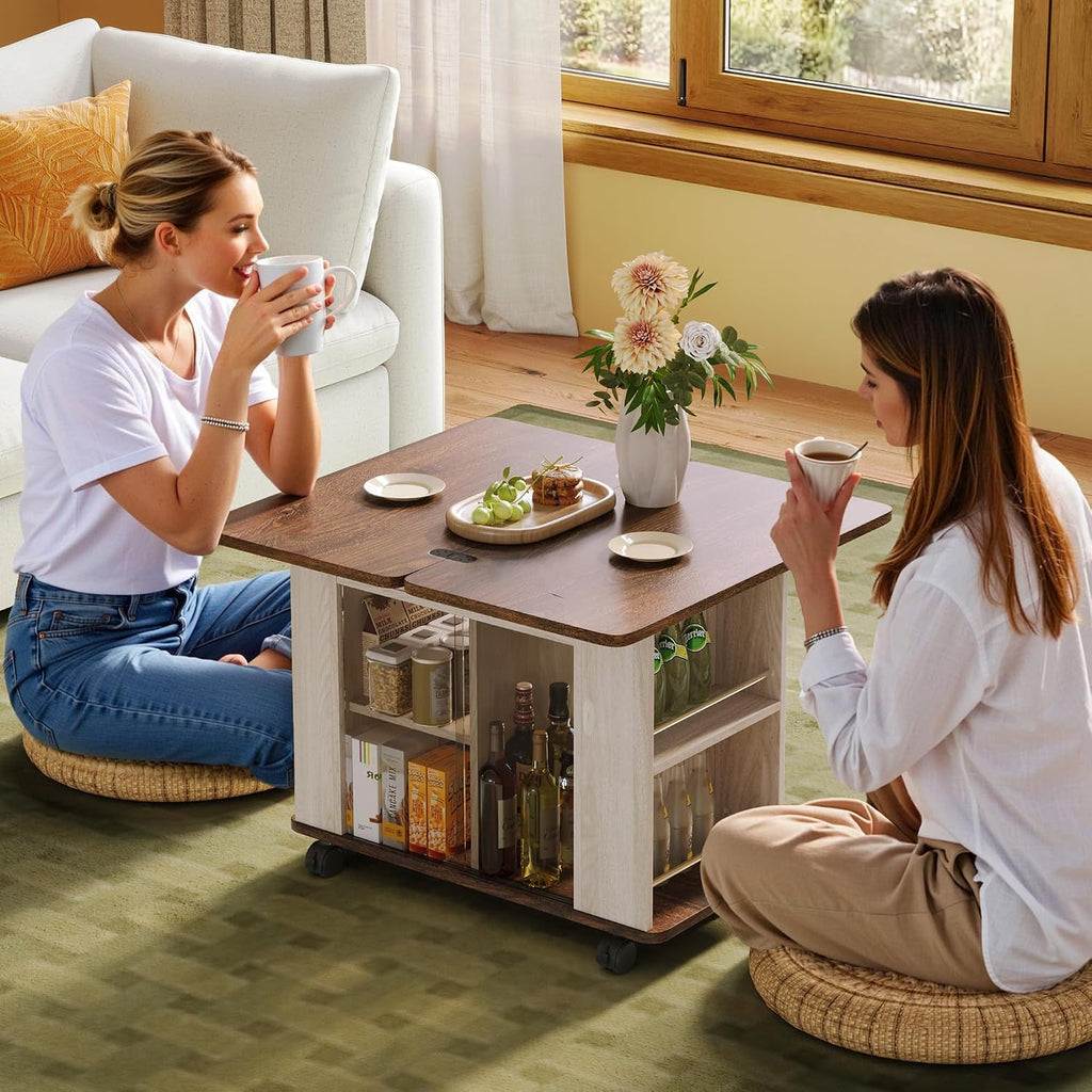 LINSY Folding Top End Table, Rolling Side Table with Universal Wheels, Modern Farmhouse Coffee Table with Sliding Glass Doors and Storage Shelf, Wood Narrow Nightstand for Living Room and Small Space