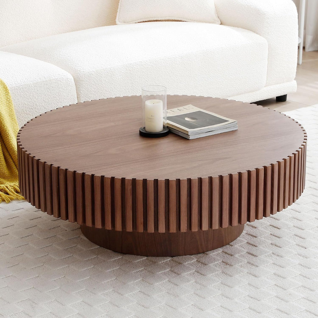 Walnut Round Coffee Table for Living Room Contemporary Circle Wood Coffee Table with Pedestal, Easy Assembly ø31.49'',