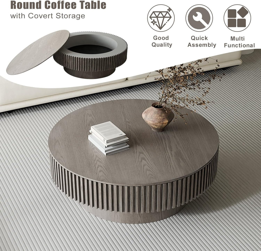 39'' Round Coffee Table with Storage, Modern Wooden Coffee Table with Solid Wood Veneered, Circle Center Table Accent Tea Table for Living Room Apartment Grey