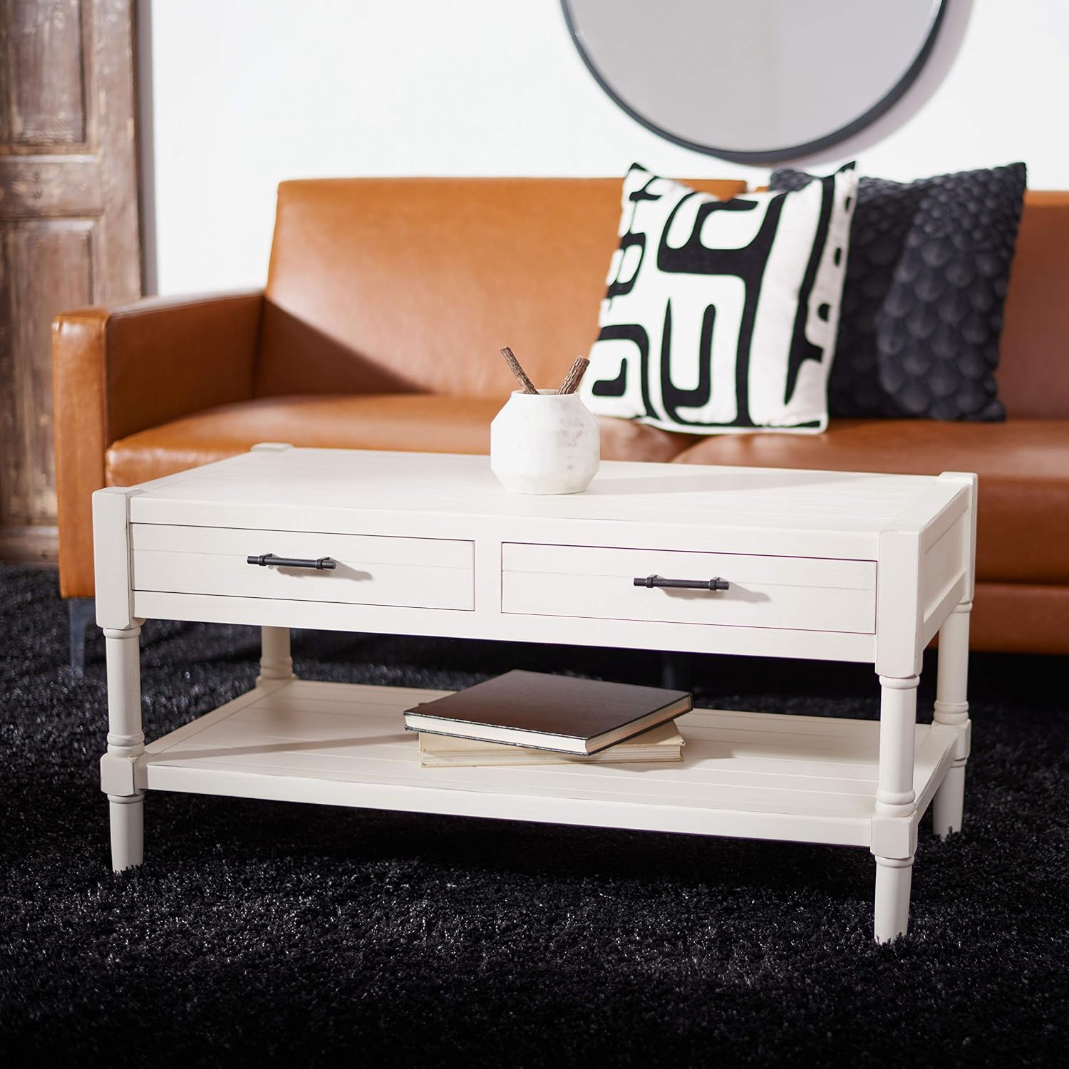 Safavieh Home Collection Filbert Distressed White 2-Drawer Bottom Shelf Coffee Table COF5703A
