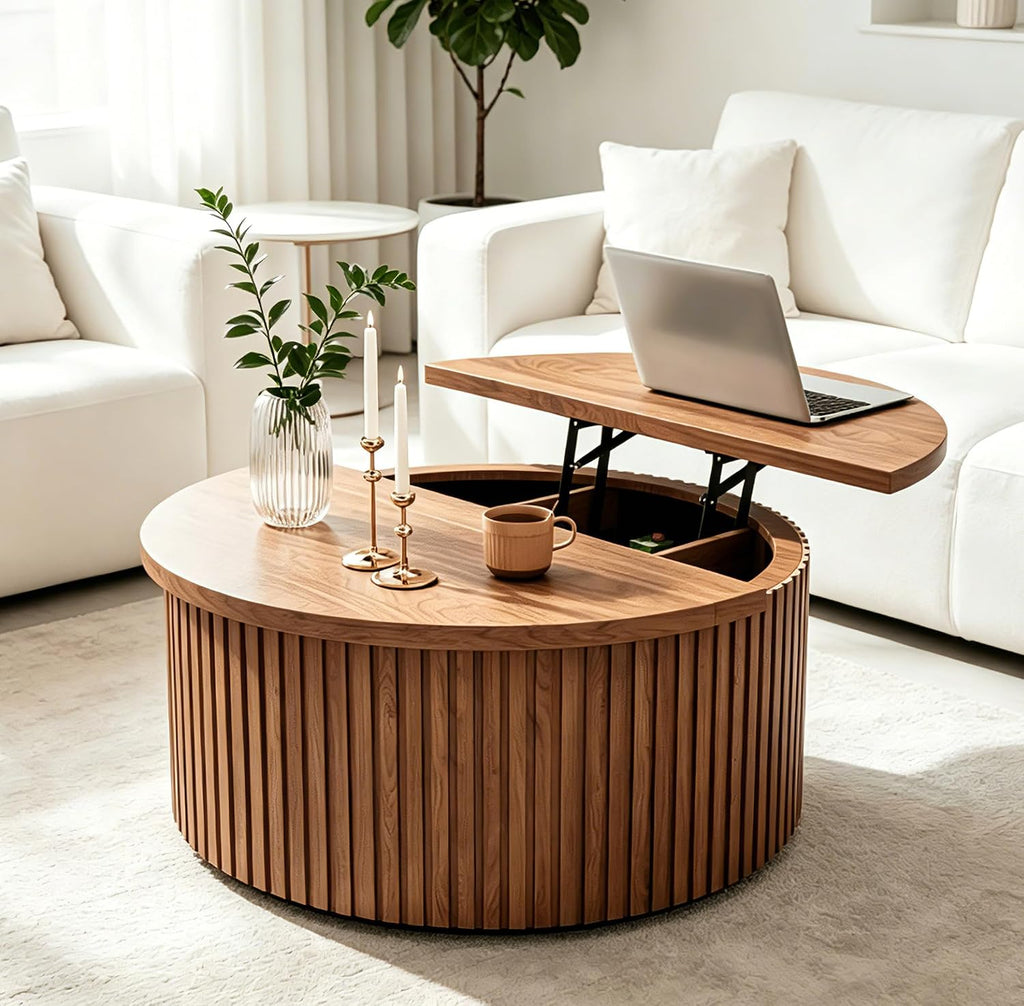 Fsbecl Fluted Lift Top Coffee Table with Storage, 34.6'' Round Coffee Tables for Living Room, Circle Wood Center Table with Hidden Conpartment (Walnut)