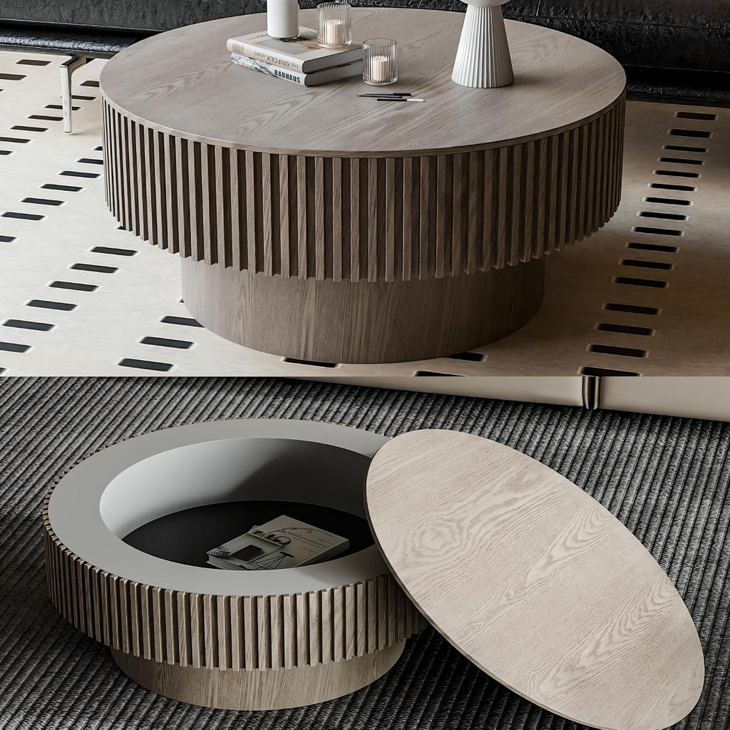 31.5'' Round Coffee Table with Storage, Modern Luxury Circle Drum Center Tables with Solid Wood Veneered, Accent Side Coffee Table for Living Room, Bedroom, Apartment-Grey