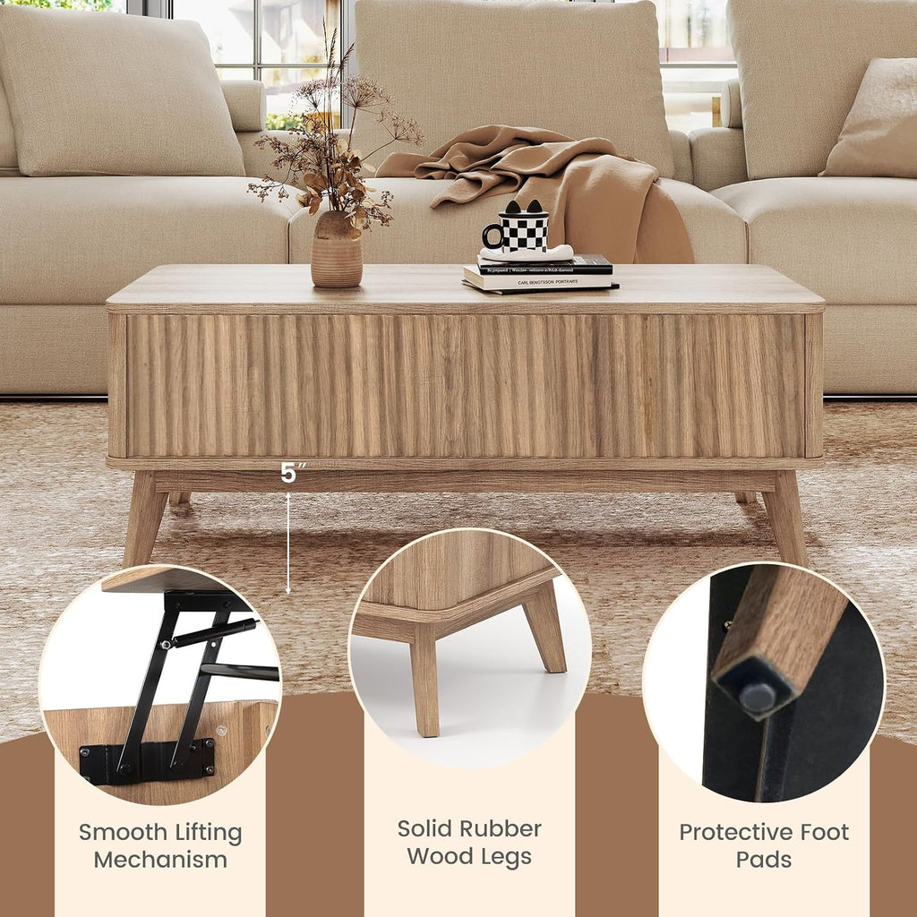 Giantex Lift Top Coffee Table with Storage, 43.5' Mid Century Modern Center Table with Solid Wood Leg & Hidden Compartment, Minimalist Fluted Living Room Table for Home Office, Oak