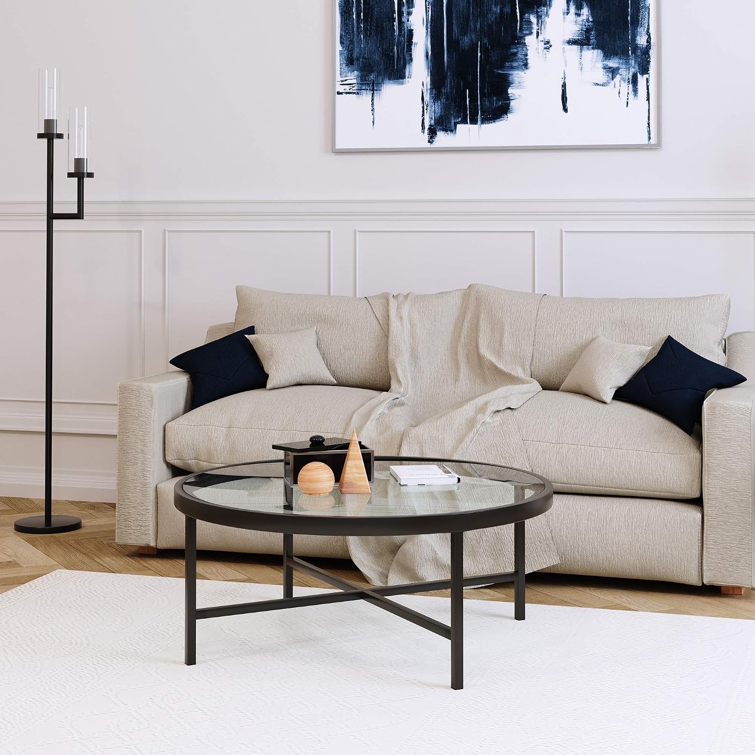 Henn&Hart 36' Wide Round Coffee Table with Glass Top in Blackened Bronze, Modern coffee tables for living room, studio apartment essentials