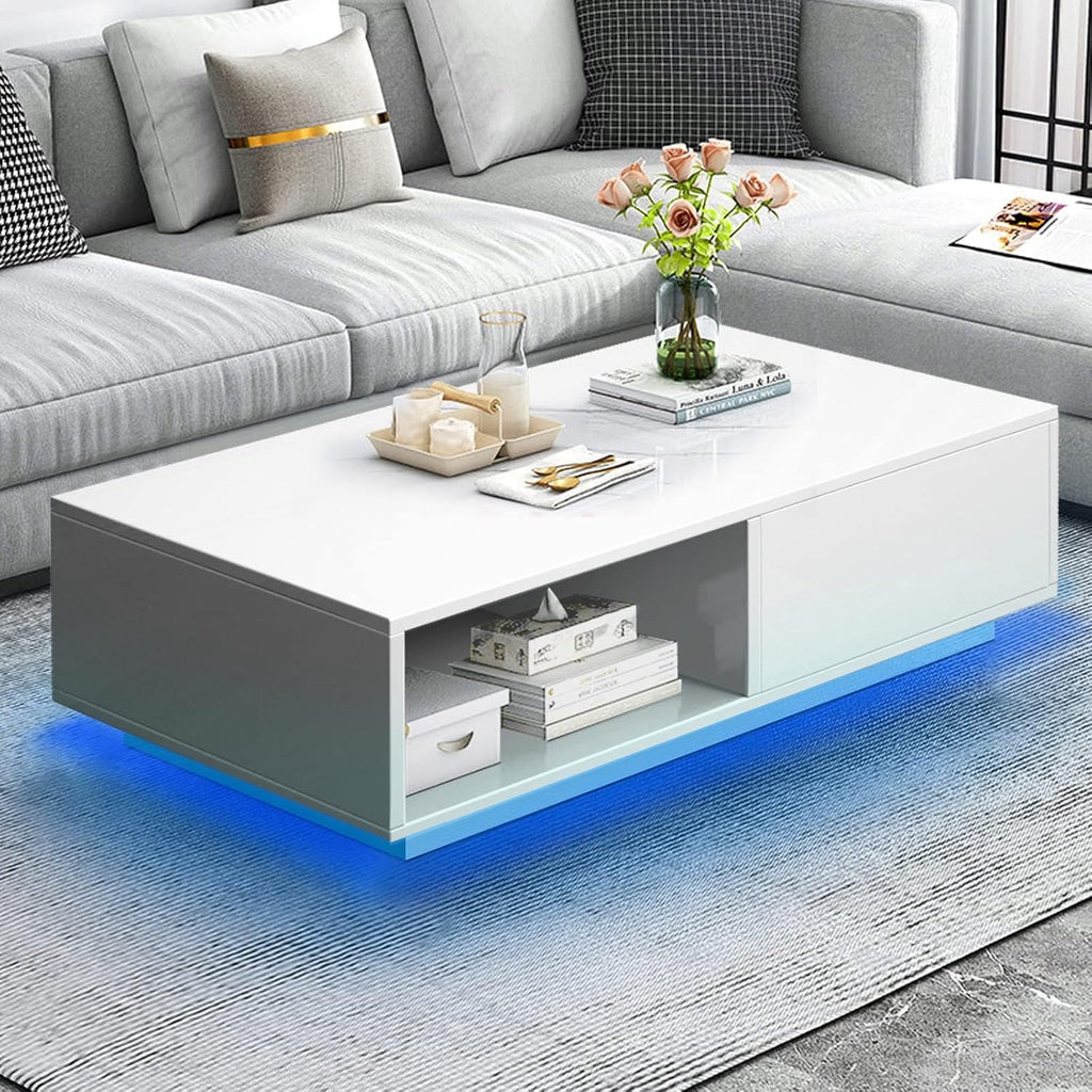 COSVALVE Modern White LED Coffee Tables for Living Room with Drawer & 16-Color LED Lights, Rectangle Living Room Sofa Table with Ample Storage Space(23.6' D x 43.3' W x 15.7' H)