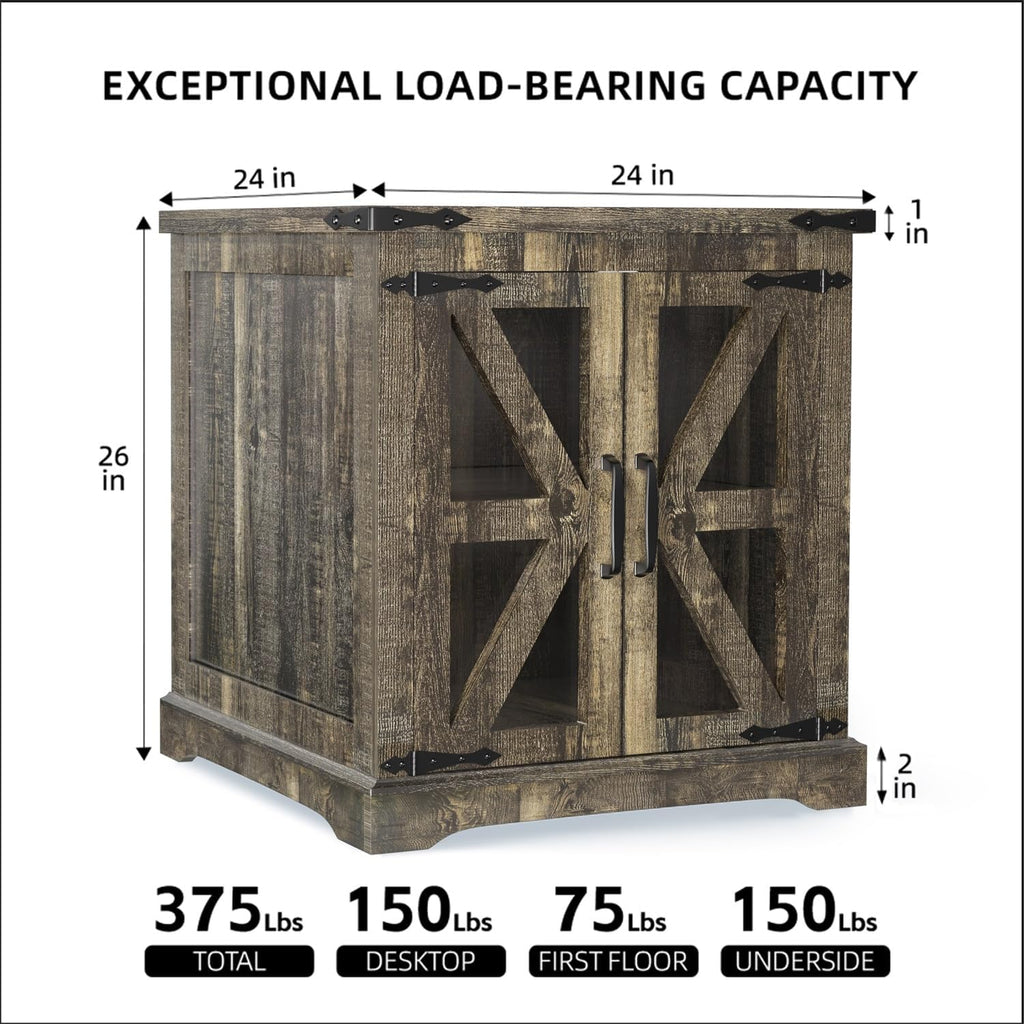 Farmhouse End Table, 24' Large End Tables with Storage, Rustic Square Sofa Beside Table with Glass Barn Door, Wood Side Table Square Nightstand for Living Room, Bedroom, Office (Antique Finish)