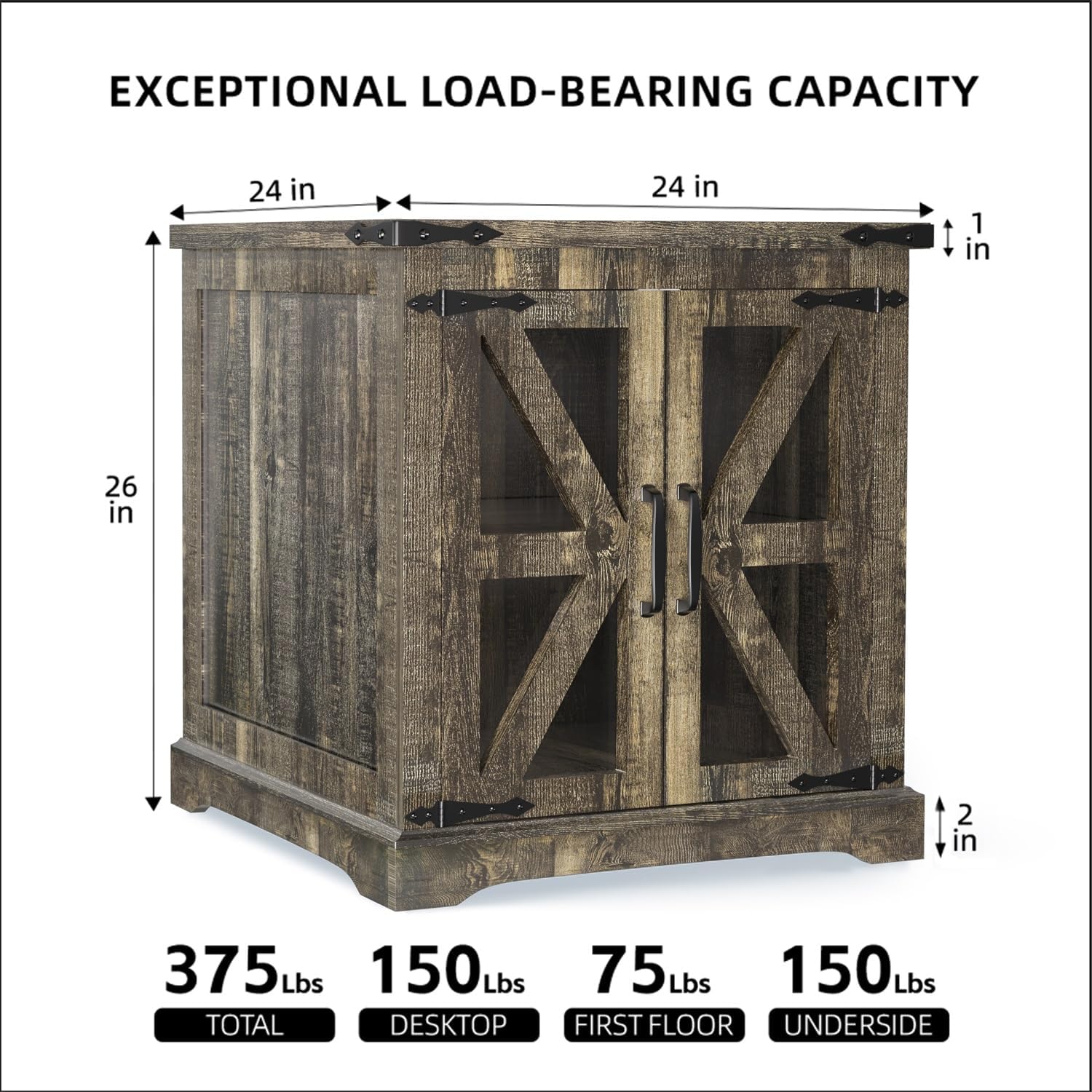 Farmhouse End Table, 24' Large End Tables with Storage, Rustic Square Sofa Beside Table with Glass Barn Door, Wood Side Table Square Nightstand for Living Room, Bedroom, Office (Antique Finish)