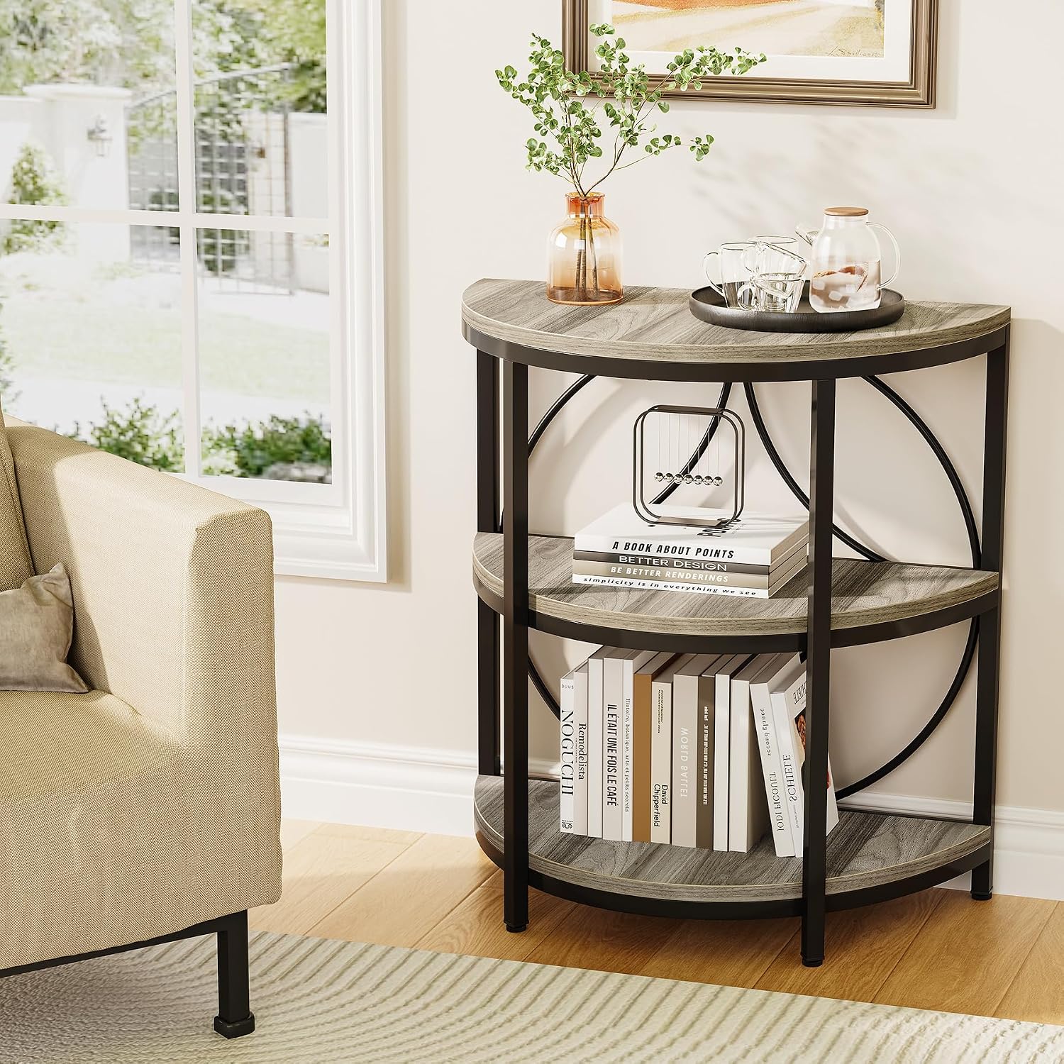 LITTLE TREE Small Half-Round Side Table Set of 2, 3-Tier Grey Wooden Accent Table for Living Room, Bedroom, Sofa