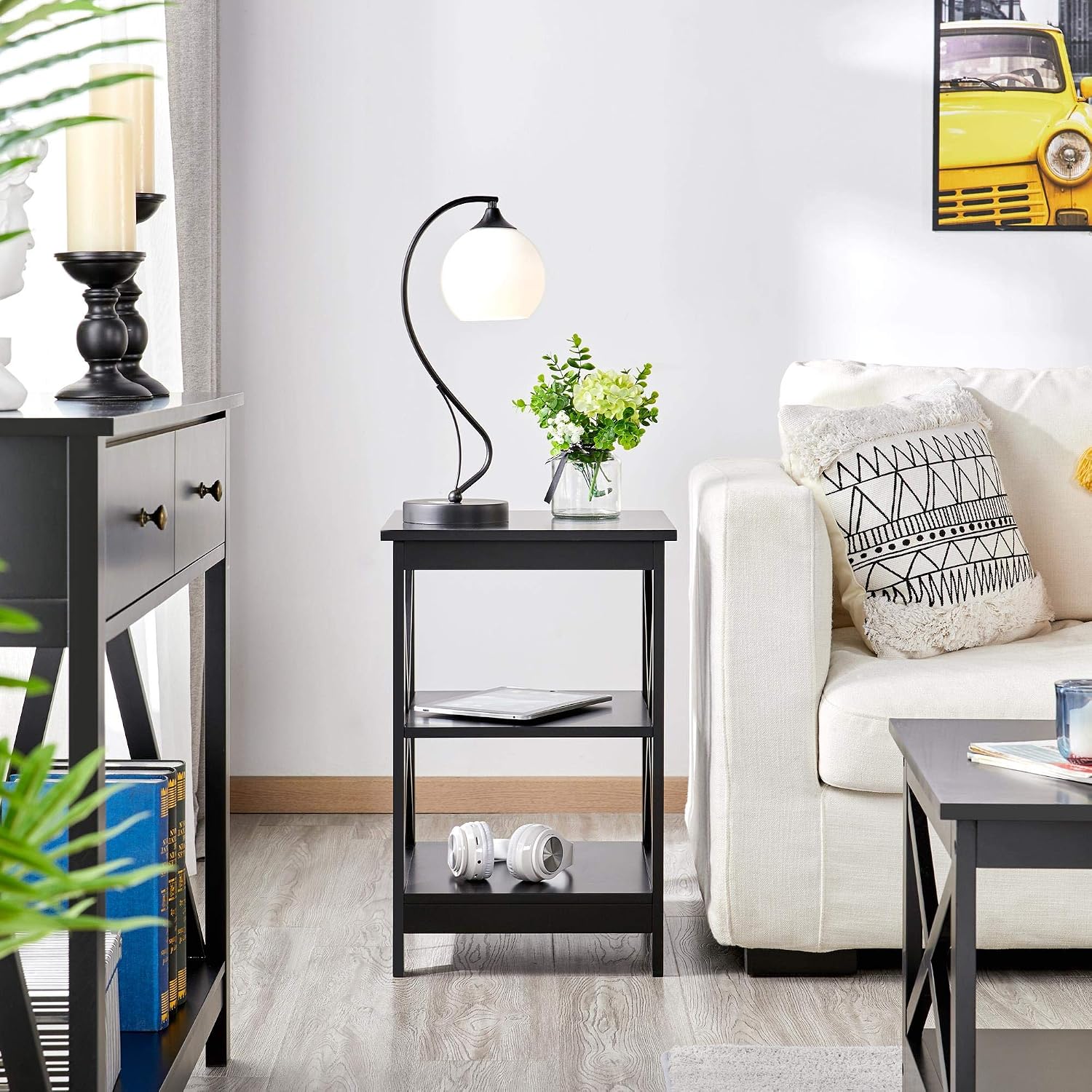 Yaheetech Wood Living Room 3-Piece Table Sets - Includes X-Design Coffee Table & Two 3-Tier End Side Tables, Easy Assembly Home Accent Furniture, Black
