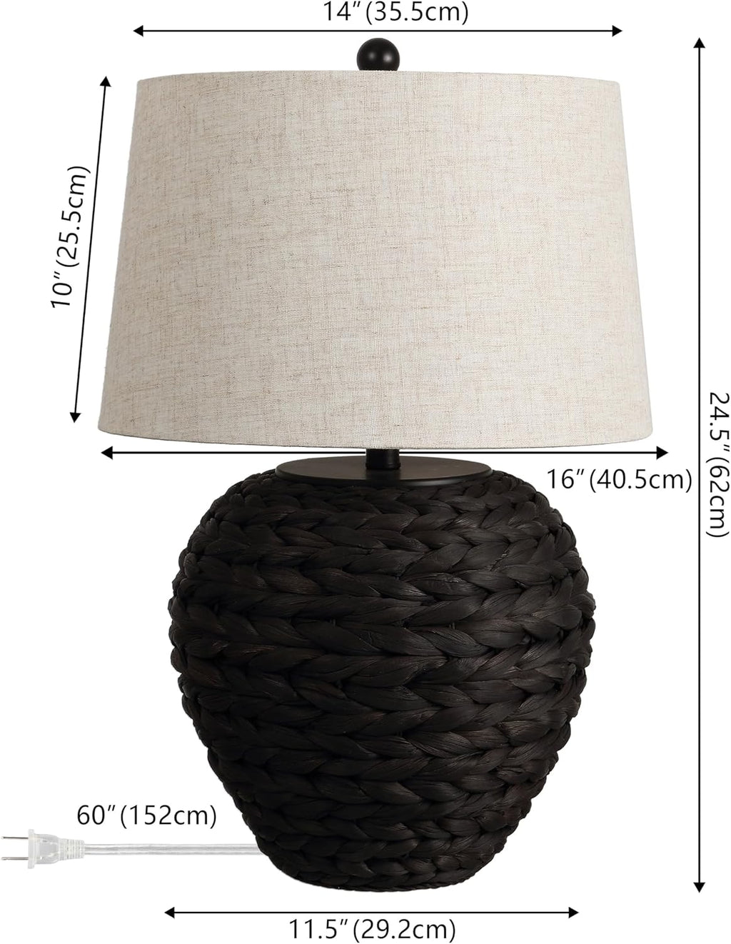 JONATHAN Y 24.5' Black Water Hyacinth Farmhouse Basket Table Lamp, Coastal Decor for Living Room Bedroom Nightstand, Light Gray Linen Shade, LED Bulb Included (JYL6501D)
