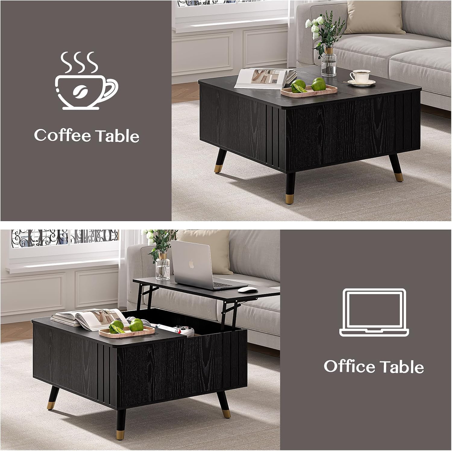 Square Coffee Table with Lift-Top & Flip-Top Storage, 36' Lift Tabletop Dining Center Table with Solid Wood Legs, Functional Modern Black Coffee Tables for Living Room Small Space or Office