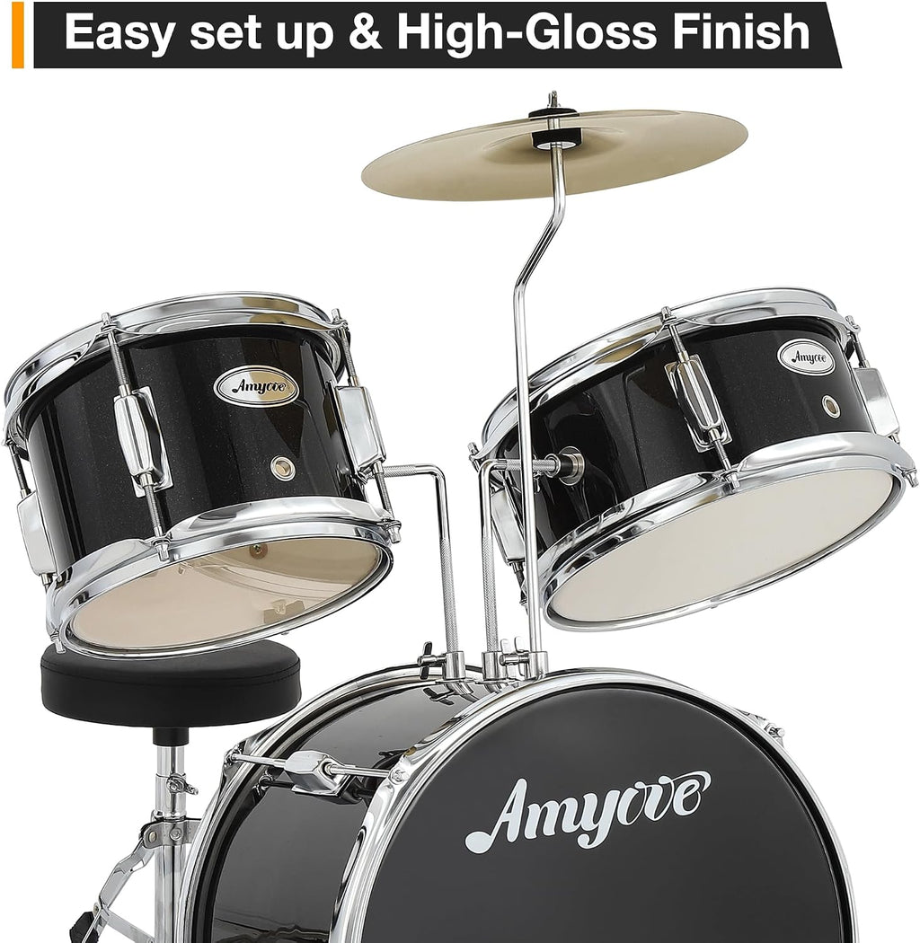 3-Piece Beginner Drum Set, Beginner Drum Set,with Bass Tom Snare Drum, 14 Inch Drum Kit with Snare, Cymbal, Drumsticks, Adjustable Seat (Metallic Black)