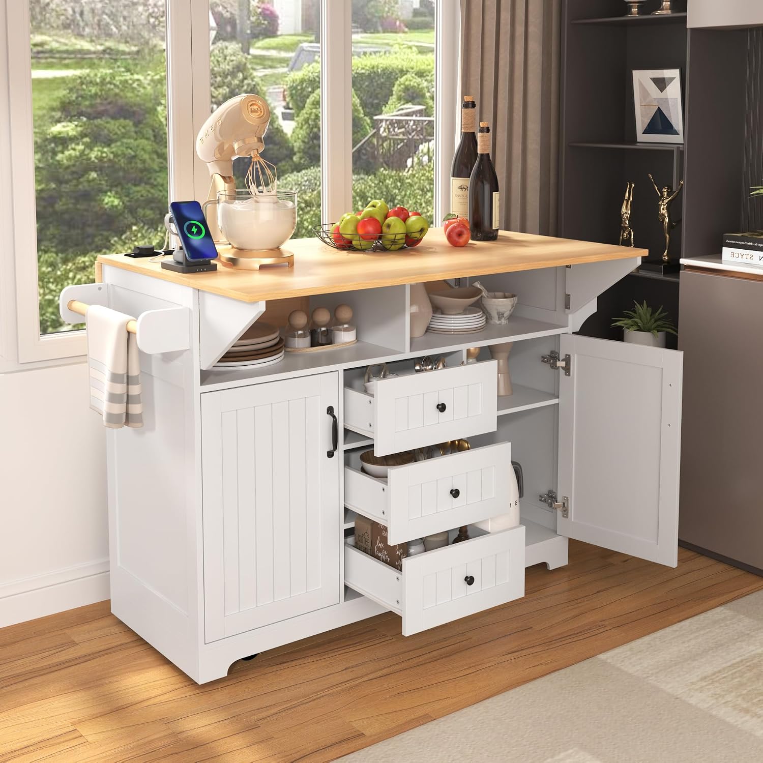 2 Drop Leaf Kitchen Island on Wheels, Farmhouse Rolling Kitchen Cart with Power Outlets, Kitchen Island Table with 2 Storage Cabinet, 3 Drawers and Spices Rack