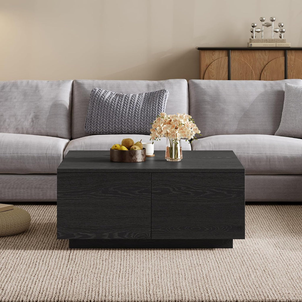 Merax Modern Black Square Coffee Table with 4 Hidden Storage Drawers, 33.25' Minimalist Wood Center Tables for Living Room, Easy Assembly