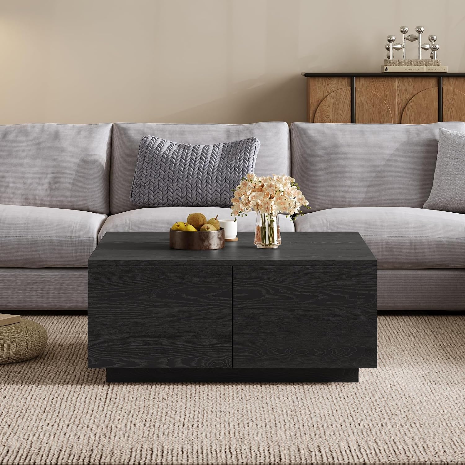 Merax Modern Black Square Coffee Table with 4 Hidden Storage Drawers, 33.25' Minimalist Wood Center Tables for Living Room, Easy Assembly