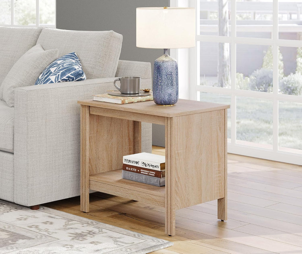 WAMPAT Nightstand Set of 2, Small Square End Tables for Living Room, 2-Tier Kids Bedside Table with Storage and Open Wood Shelf, 20 Inch Modern Side Table for Bedroom,Office,Oak