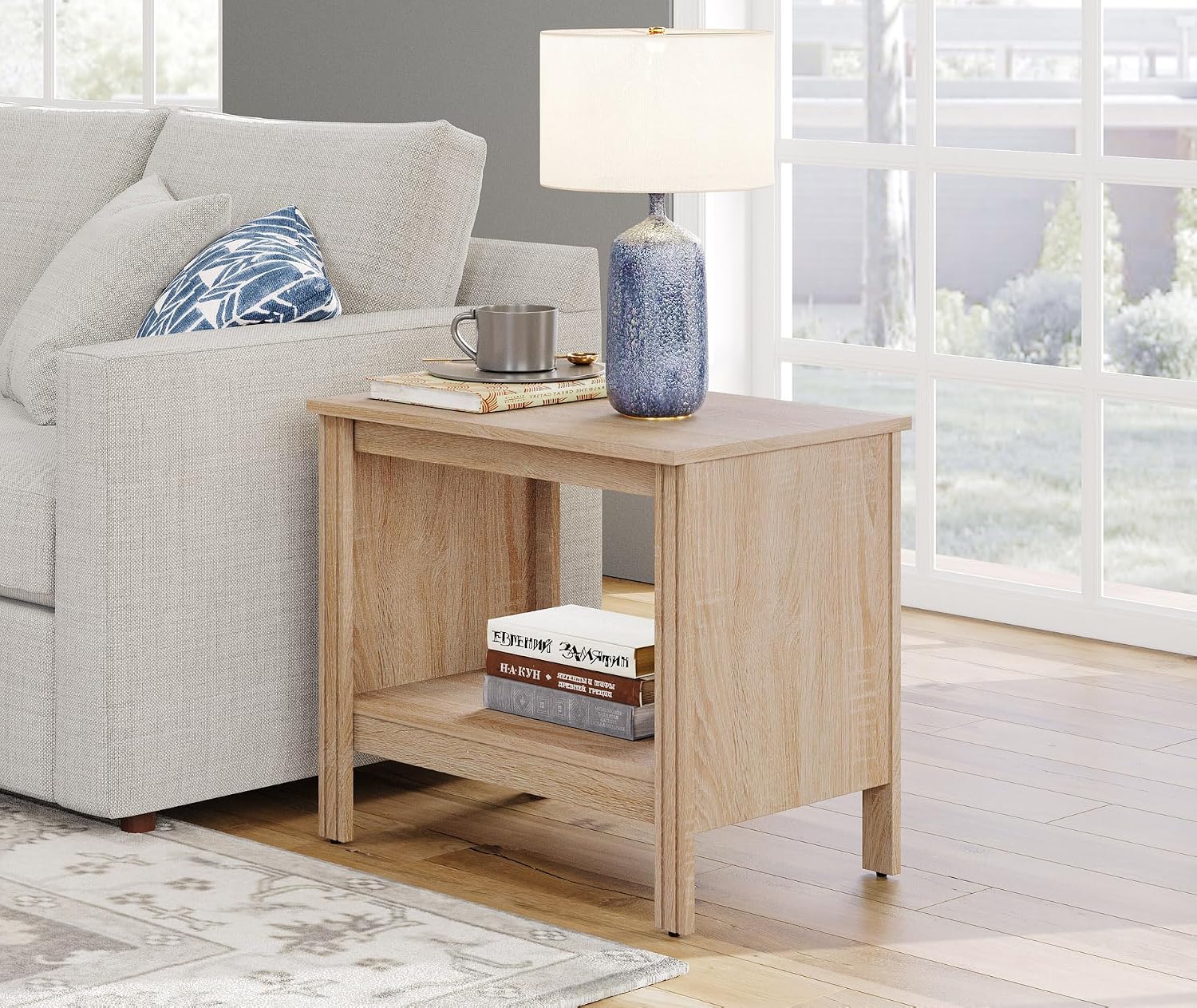 WAMPAT Nightstand Set of 2, Small Square End Tables for Living Room, 2-Tier Kids Bedside Table with Storage and Open Wood Shelf, 20 Inch Modern Side Table for Bedroom,Office,Oak