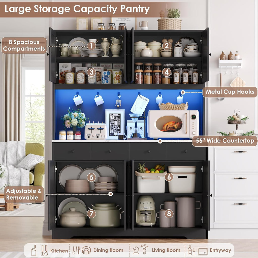 HIFIT 72' LED Kitchen Pantry Cabinet with Power Outlet & Cup Hook, Tall Kitchen Hutch Storage Cabinets w/Marble-Patterned Countertop Microwave Stand, Food Pantry w/Door for Dining Living Room, Black