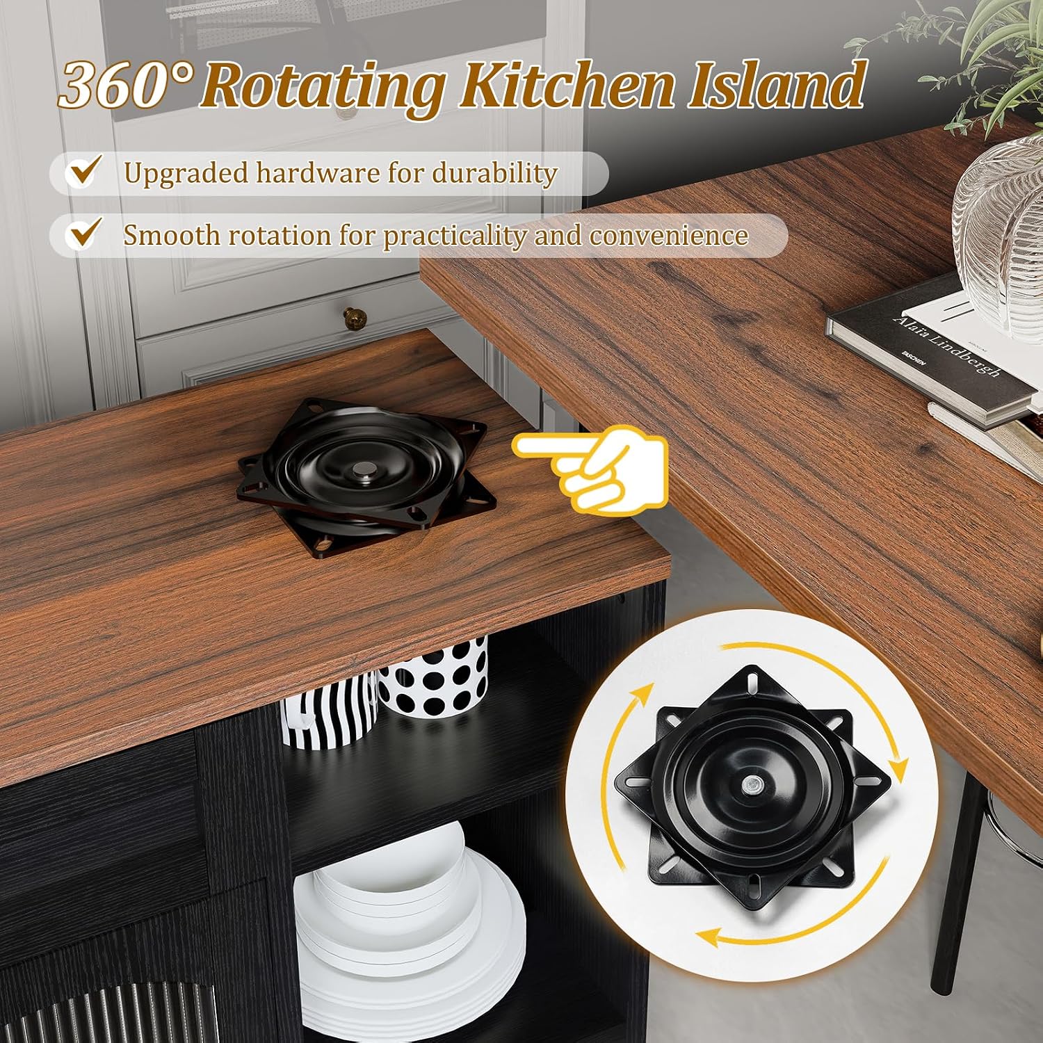 LYNCOHOME 71.1' Rolling Kitchen Island with 360° Rotating Tabletop, Mobile Lockable Wheels & Adjustable Shelves, Multifunctional Storage Cart for Kitchen & Dining（Black）