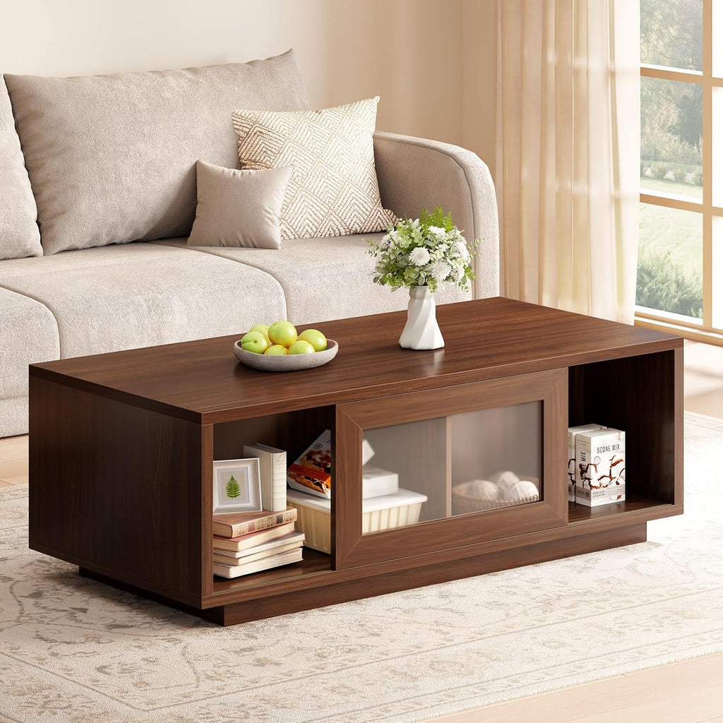 HSH Walnut Coffee Table for Living Room, 47 Inch Modern Wood Rectangle Coffee Tables with Sliding Door and Storage Open Shelf, Large Low Center Table for Home Decor