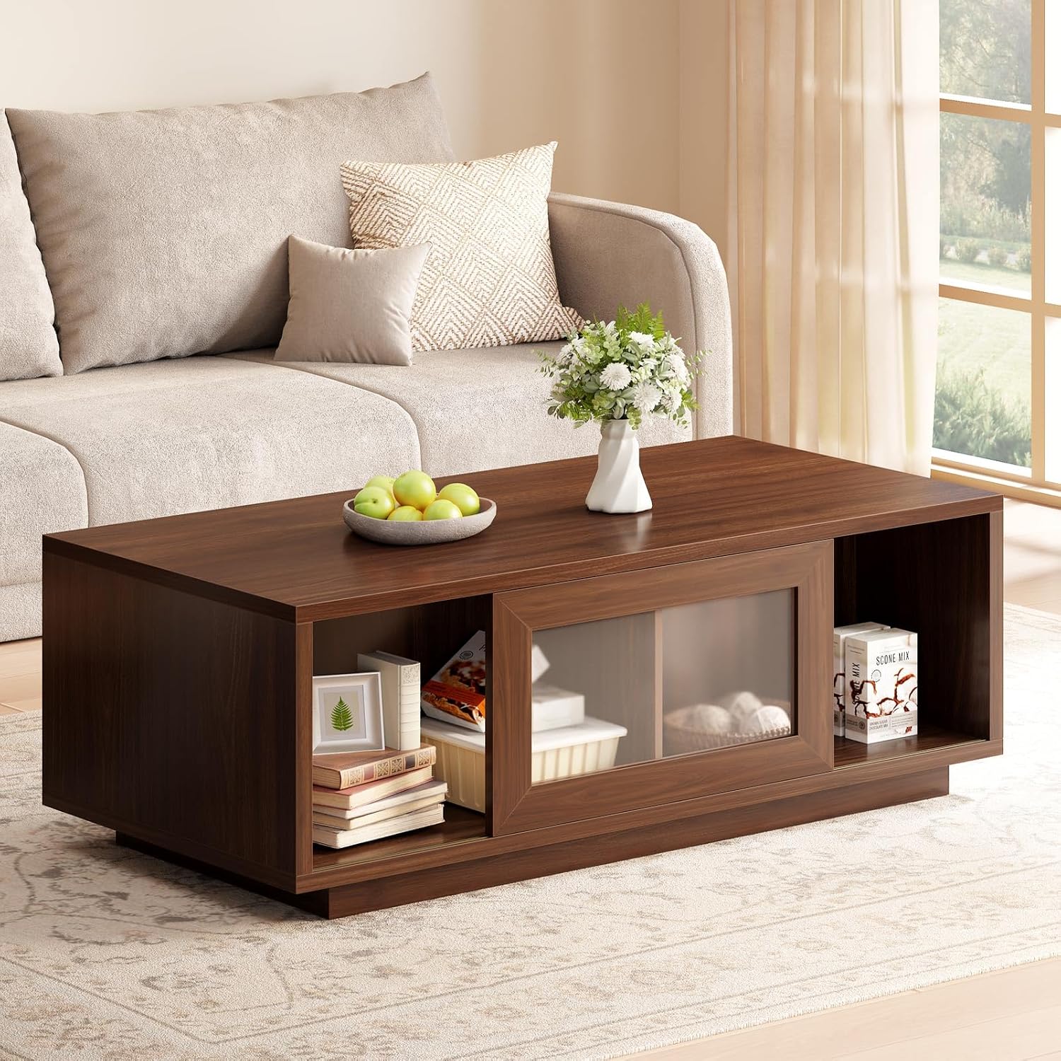 HSH Walnut Coffee Table for Living Room, 47 Inch Modern Wood Rectangle Coffee Tables with Sliding Door and Storage Open Shelf, Large Low Center Table for Home Decor