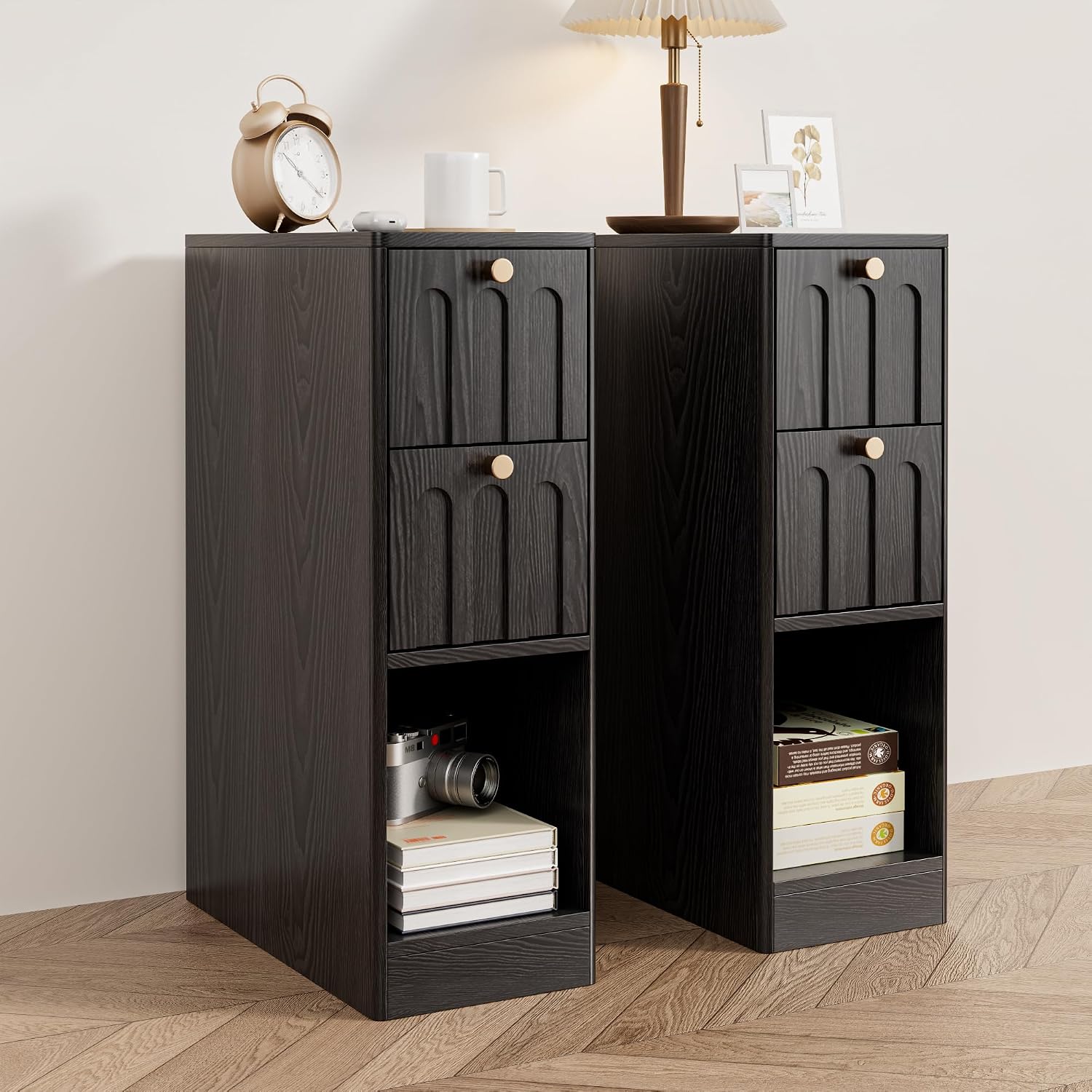 Black Small Nightstand Set of 2, Narrow Bedside Table with Arched Drawer, Wood Nightstand, Skinny Side End Table, Mid Century Modern Night Stand for Bedroom, Small Spaces, Slim, Boho