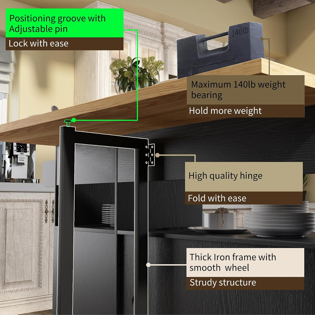 ASTRONAPE Rolling Mobile Kitchen Island with Storage and Drop Leaf, Island Table with Countertop Power Socket and Wheel (Black, Model 1.2)