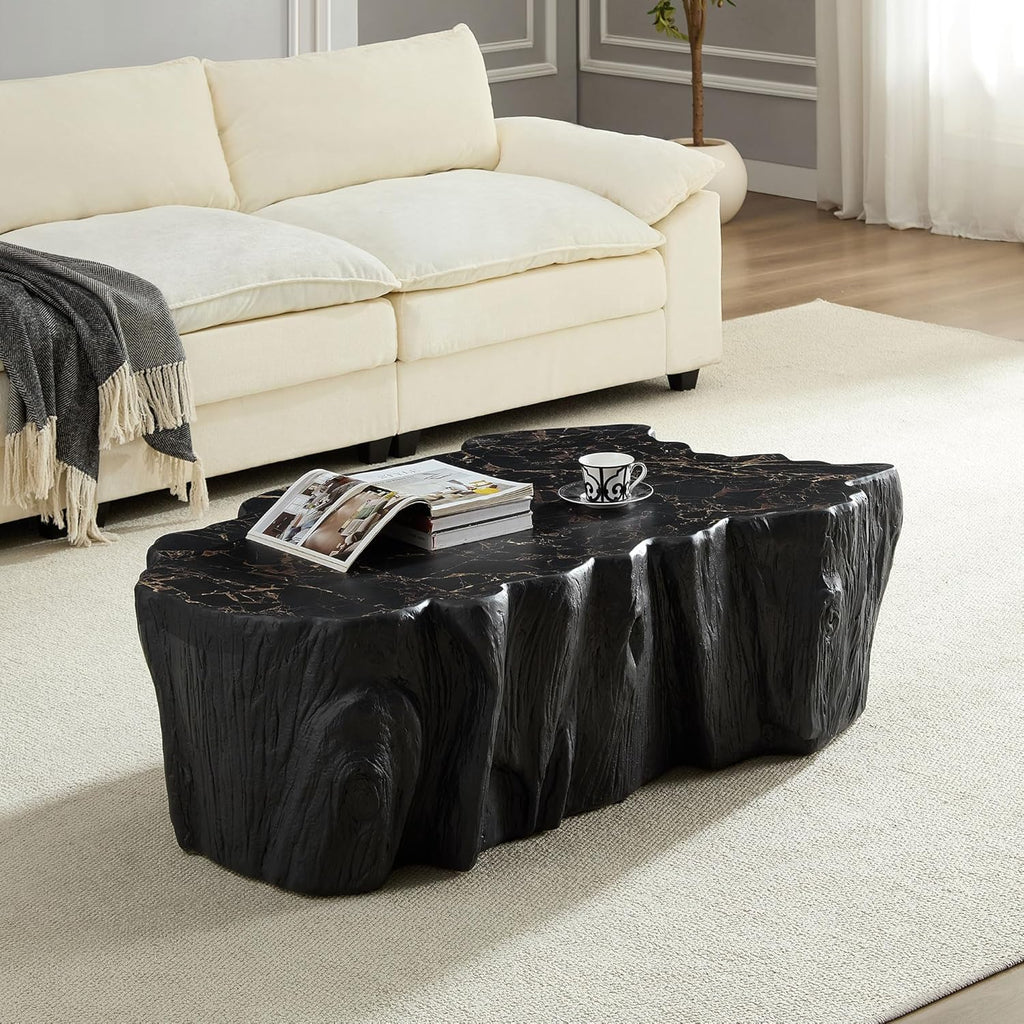 48.62' Coffee Table Modern Unique Shape Fiberglass Center Table for Living Room Apartment Office, No Need Assembly, Black Tree Root Texture Pattern