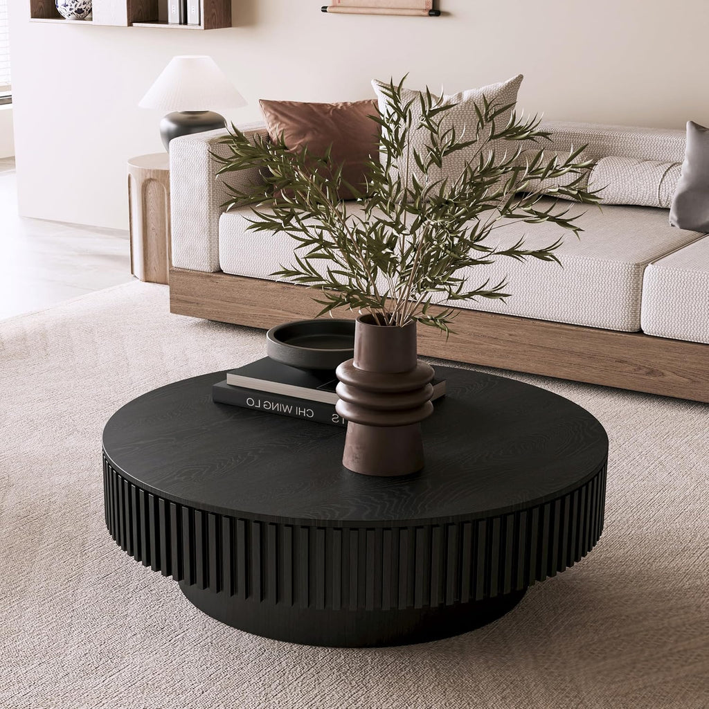 39.37' Round Coffee Table with Storage for Living Room Wood Coffee Table Contemporary Circle Center Table for Apartment, Easy Assembly, Black