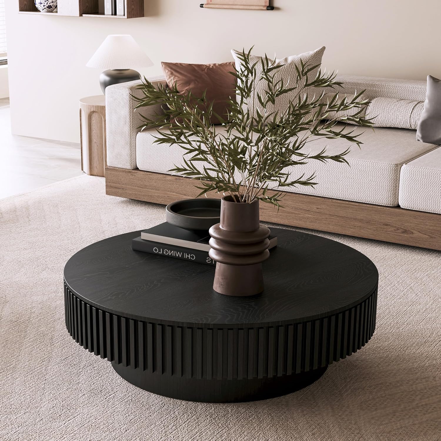 39.37' Round Coffee Table with Storage for Living Room Wood Coffee Table Contemporary Circle Center Table for Apartment, Easy Assembly, Black