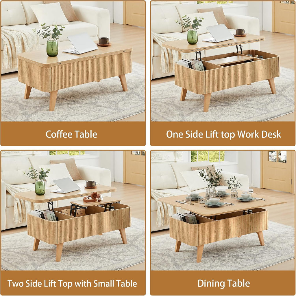 3 in 1 Lift Top Coffee Table, Fluted Convertible Coffee Tables Converts to Dining Tables, Modern Oval Wooden Center Table with Storage for Living Room Office Small Space, Partial Assembly (Natural)