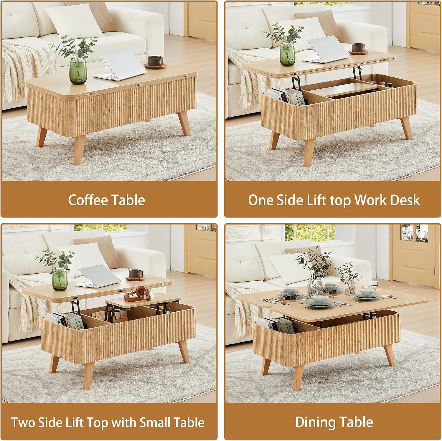 3 in 1 Lift Top Coffee Table, Fluted Convertible Coffee Tables Converts to Dining Tables, Modern Oval Wooden Center Table with Storage for Living Room Office Small Space, Partial Assembly (Natural)