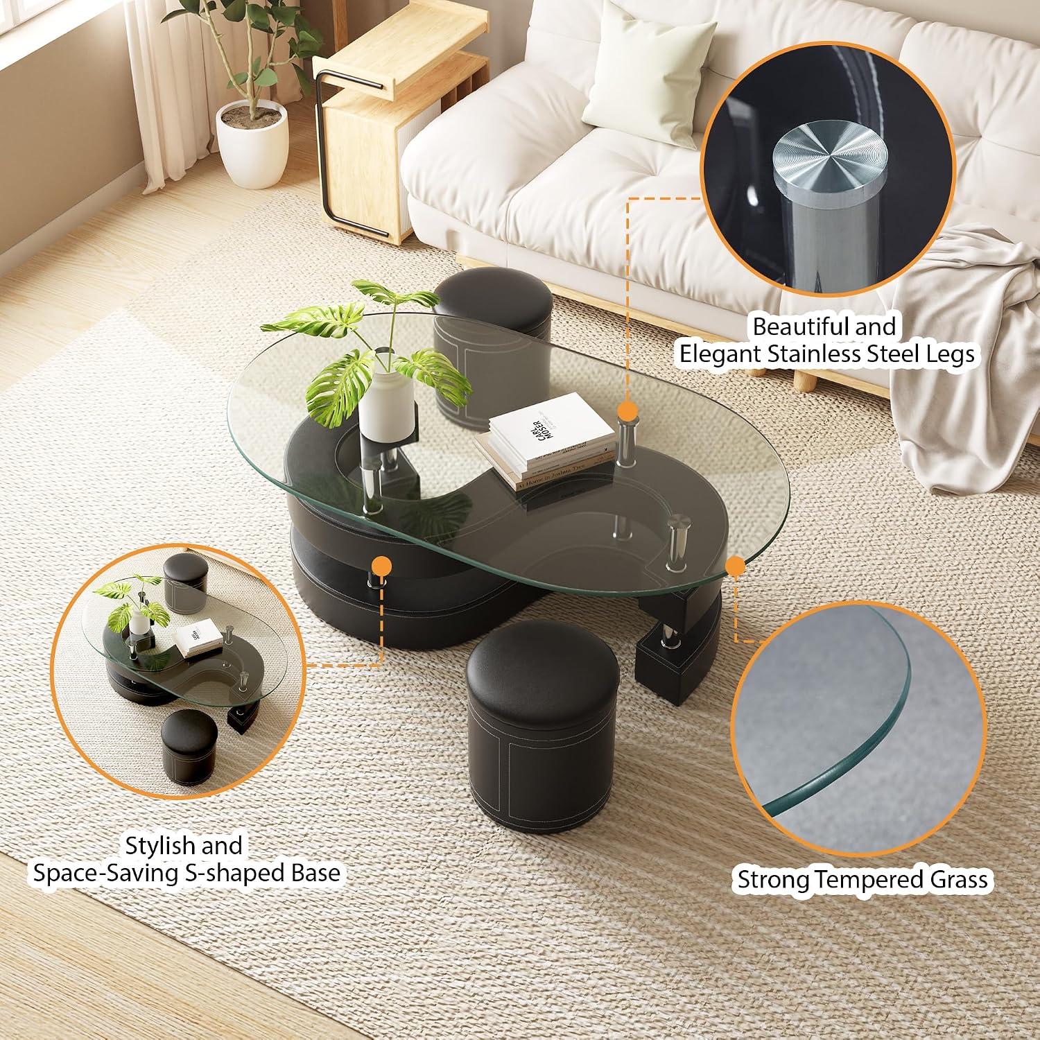 Oval Glass Coffee Table Set of 3, 0.39' Tempered Glass Top and S Shape Base, Modern Coffee Table with 2 Leather Stools, Accent Coffee Table for Living Room Bedroom, Black