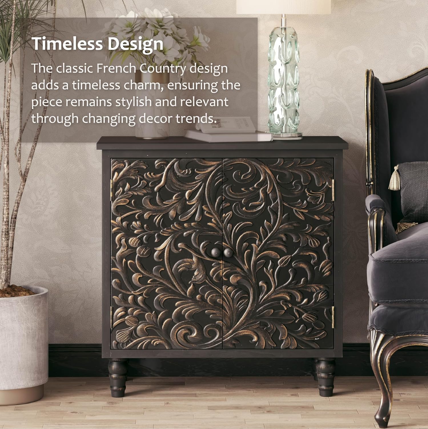 2 Door Farmhouse Storage Cabinet with Embossed Distressed Flower Motif, Vintage Side Table for Living Room, Bedroom, Boho, Black
