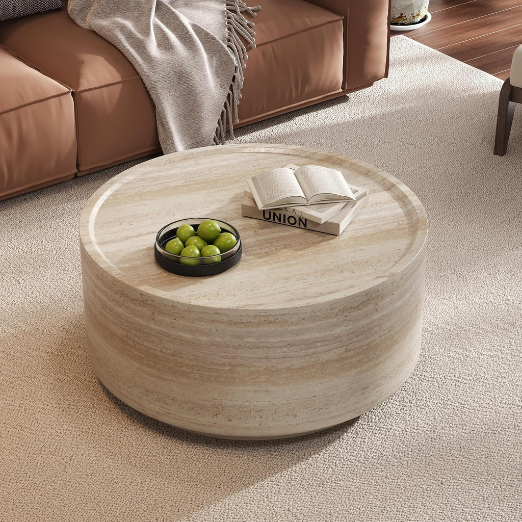 Merax 27.5' Round Coffee Table with Faux Luxury Marble Look, Drum Small Center Table with Strong Structure, Minimalist Mars Pattern End Table for Living Room, Bedroom, No Assembly Required, Beige