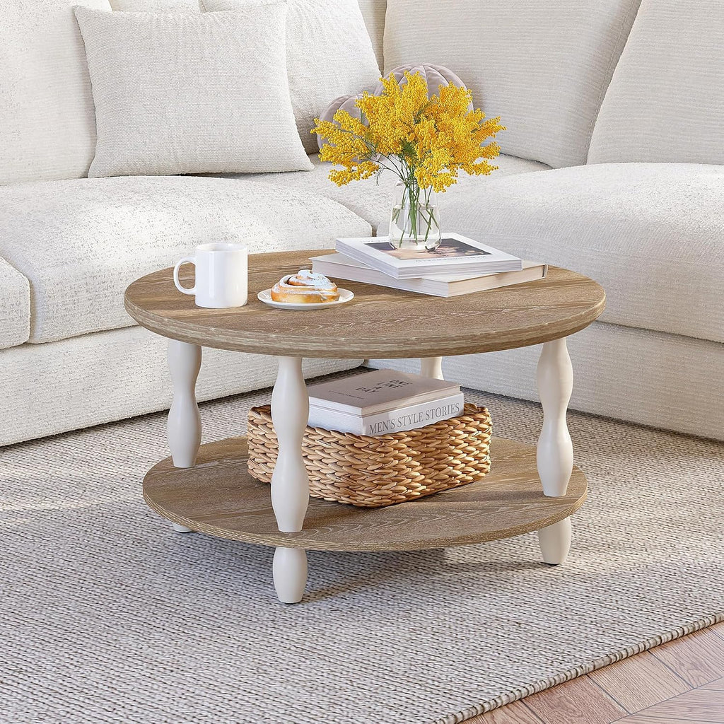karlott Farmhouse Coffee Table, 30.3' Round Coffee Tables for Living Room, Solid Wood Veneer 2-Tier Center Table with Storage Shelf, Pine Leg, Boho Rustic, Easy Assembly, Cream Beige