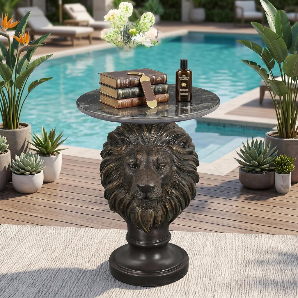 Vintage Bronze Lion Head Sculptural Side Table with Black Faux Marble Top, 19.69' Round Resin End Table, 25.59' H Majestic Accent Table for Living Room, Retro Office Decor, Heavy Duty
