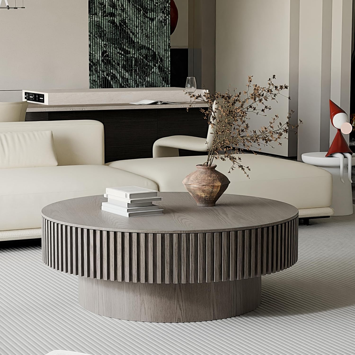 39.37'' Round Coffee Table with Storage, Solid Wood Veneered Modern Drum Coffee Table Accent Tea Table for Living Room, Bedroom, Apartment or Office-Gray
