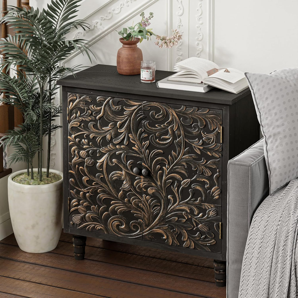 2 Door Farmhouse Storage Cabinet with Embossed Distressed Flower Motif, Vintage Side Table for Living Room, Bedroom, Boho, Black