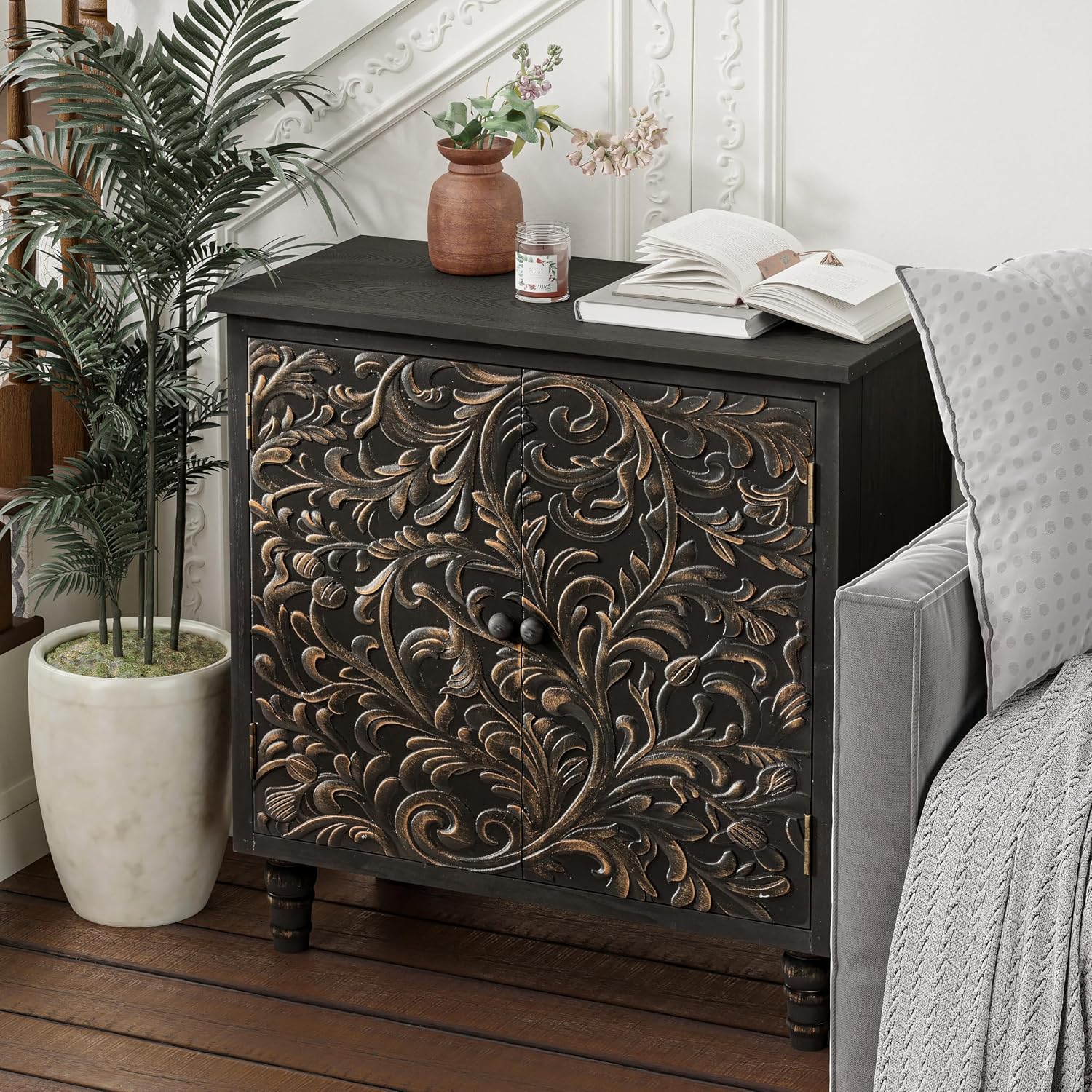 2 Door Farmhouse Storage Cabinet with Embossed Distressed Flower Motif, Vintage Side Table for Living Room, Bedroom, Boho, Black
