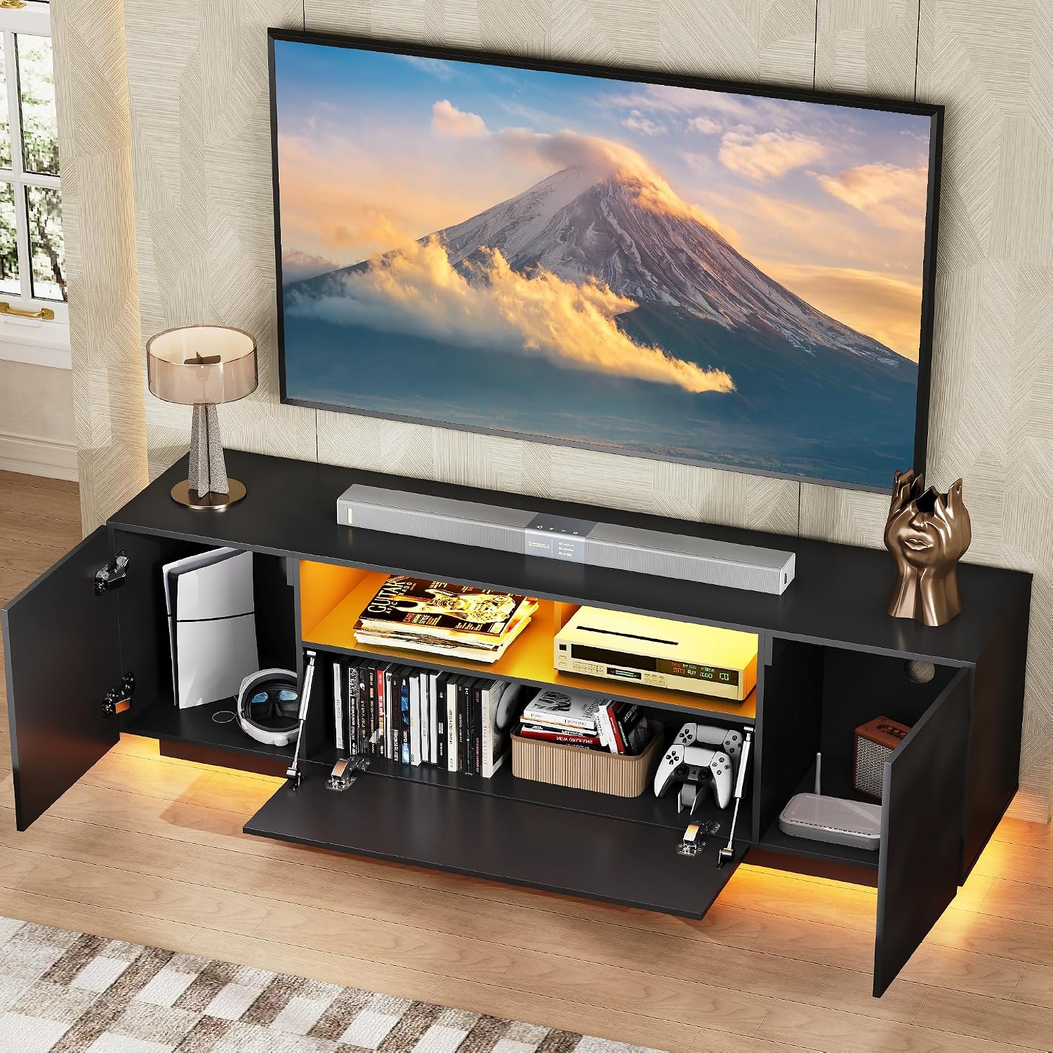 WLIVE LED TV Stand for 55/60/65 Inch TVs, Modern Entertainment Center with Storage Cabinets and Drawer, Gaming Media TV Console with RGB Lights for Living Room, Black