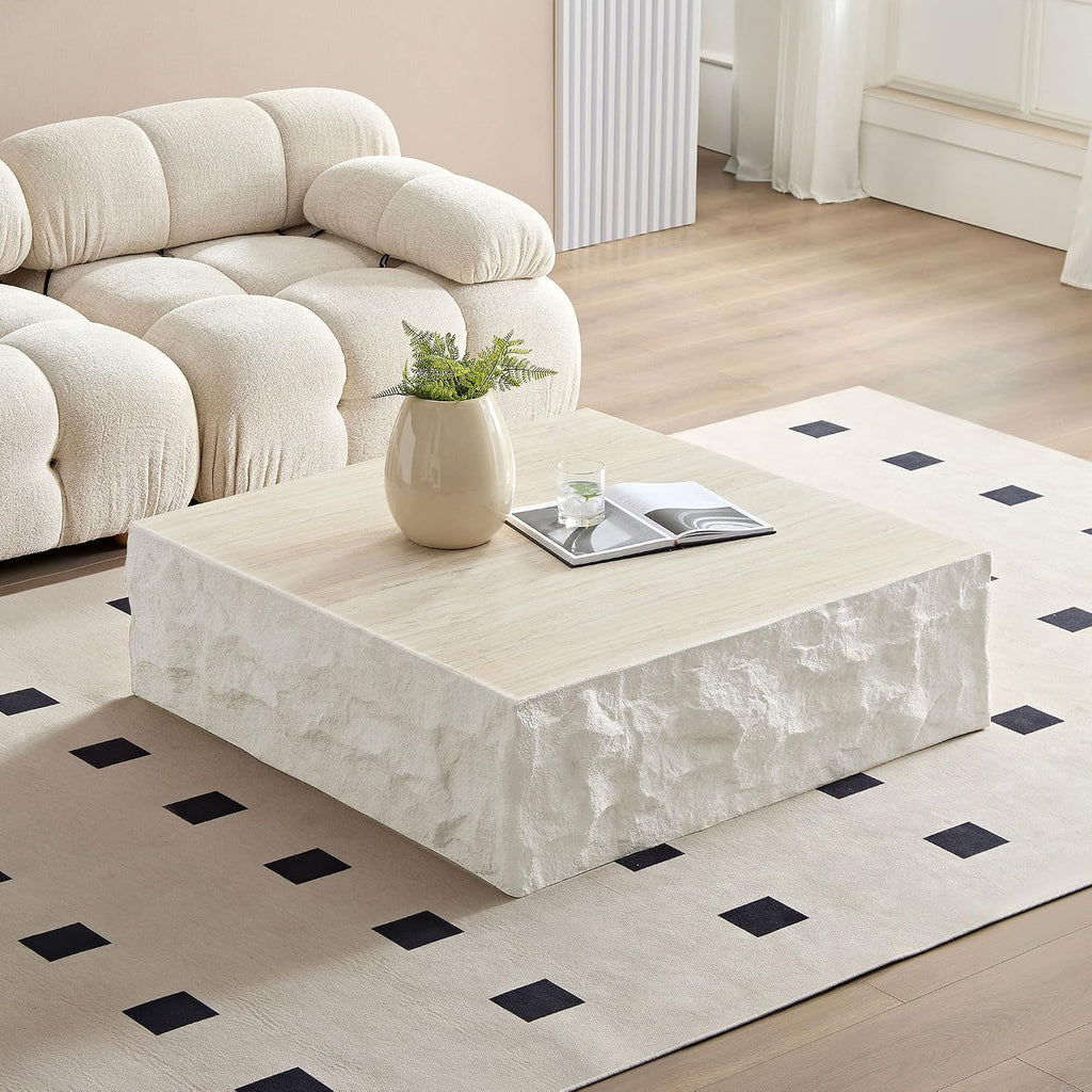 Square Coffee Table for Living Room Modern Center Table for Apartment, No Need Assembly (Fiberglass 35.43'' Cement Stone Pattern)