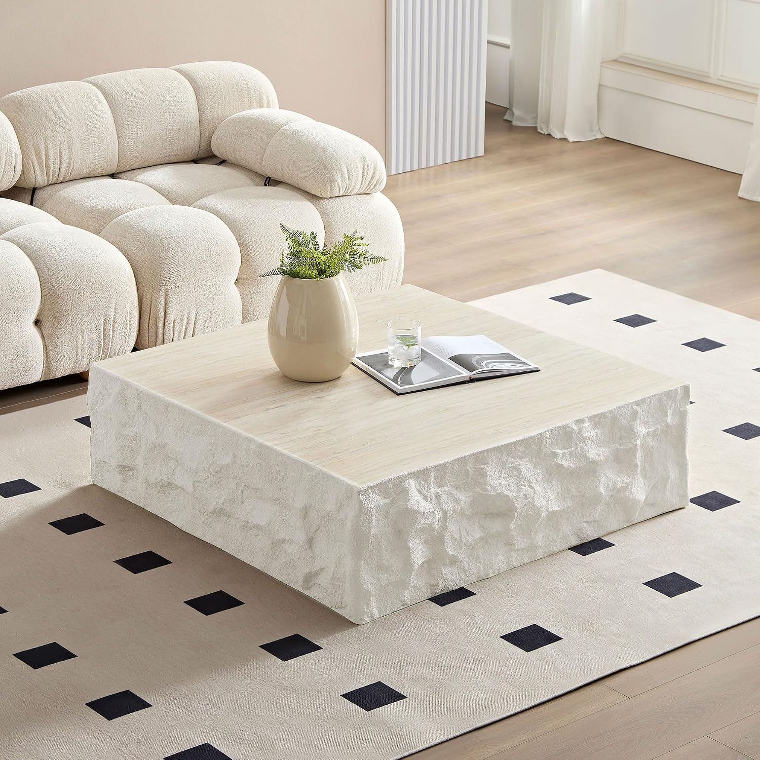 Square Coffee Table for Living Room Modern Center Table for Apartment, No Need Assembly (Fiberglass 35.43'' Cement Stone Pattern)